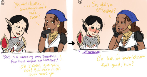 i’d thought it would be fun to draw out this small convo that izzy and merrill had ehehe♥ this is some banter that occurs if you’ve romanced merrill and you have isabela in your party ( the f!hawke version because u know silly ol’