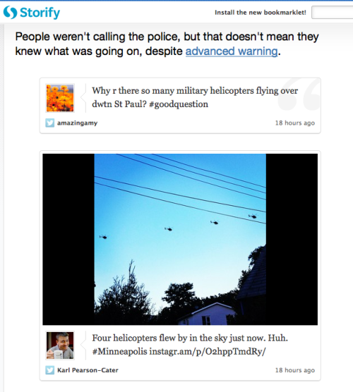 Cute. The Pioneer Press says I was given “advanced warning” about helicopters training in Minneapolis so I should have known what was going on when I Instagram’d a photo of 4 black-hawk helicopters flying over my house.
A “WARNING”? Really? If you...