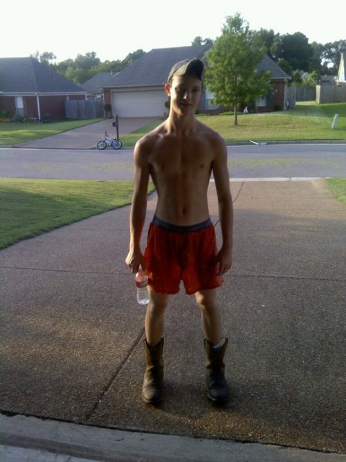 whitetrashmen:  Cute little young buck with no underwear on.