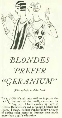 A snippet of a Helena Rubenstein Ad, The New Yorker, July 10, 1926, p. 47. Lipstick was an important