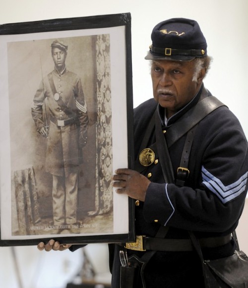 thecivilwarparlor: African-American Civil War Heroes Andrew Bowman, right, holds a picture of his gr