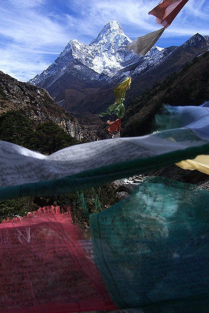 Ama Dablam seen through prayer flags, Sagarmatha, Nepal (by Jeremiah Cunningham).