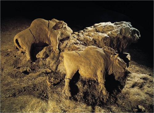 ancientart: Two Bison, reliefs in cave at Le Tuc d’Audoubert, France, ca. 15,000-10,000 BC, Pa