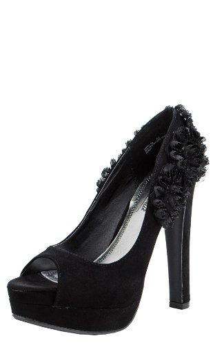 Lust16 Fabric Flower Heel Suede Pumps BLACK