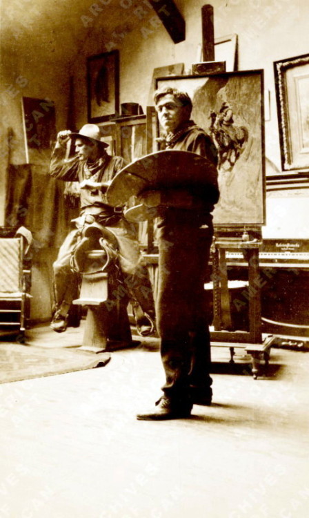 artistandstudio:NC Wyeth in his Delaware studio at work on Rounding-up, Little Rattlesnake Creek, 19