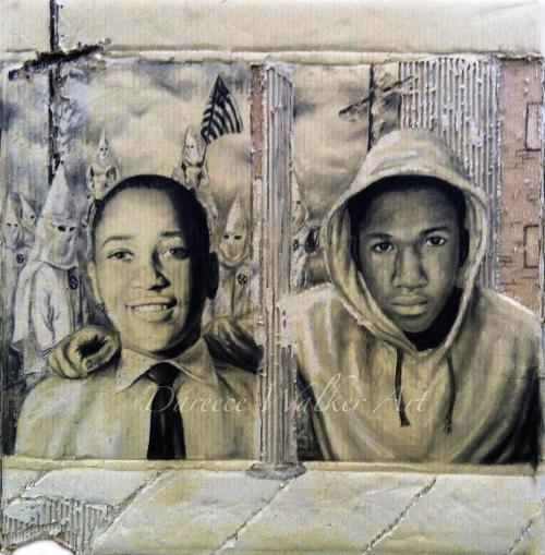 sicanettewrites:  sonofbaldwin:  Emmett Till and Trayvon Martin. By Dareece Jordan Walker https://www.facebook.com/RealDWalker?ref=ts  Wow. The arm around the shoulder is beautiful. 