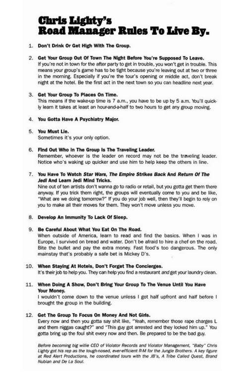 Ego Trip’s Book of Rap Lists: Chris Lighty’s Road Manager Rules to Live By. (via @djsoulnyc)