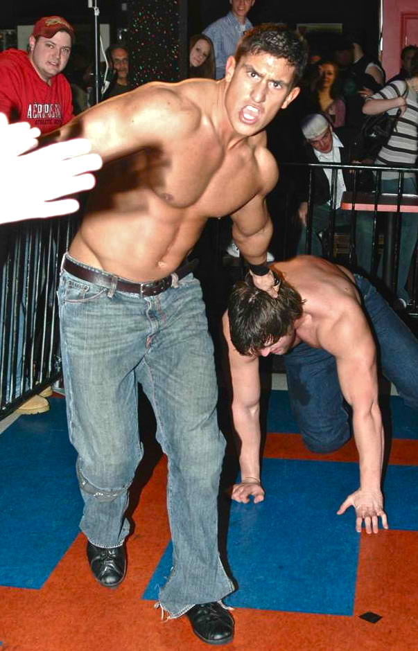 i posted this b4 but it was worth reblogging……..love the hair pulling, the look of determination to hurt his opponent……but even more love that they r u in jeans but shirtless, they stepped into the ring, ripped there shirts off because they know that...