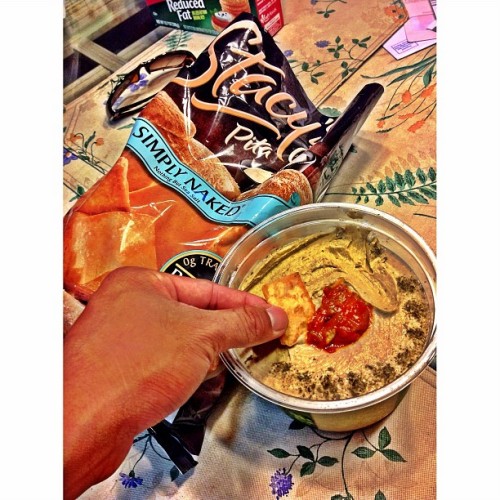 Pita chips with Spinach&  Artichoke hummus after a long day of work and school ! Kicking off my 4day Labor Day weekend #hyfr  (Taken with Instagram)