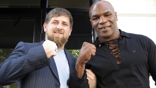 Ramzan Kadyrov, former Chechen warlord and current Chechen president, poses with boxer Mike Tyson. 