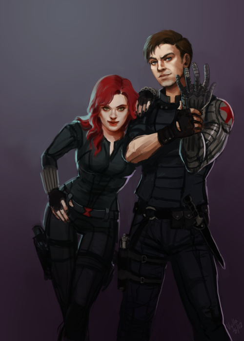 vylla-art: Black Widow and Winter Soldier. Probably picking targets, judging by the expressions&hell