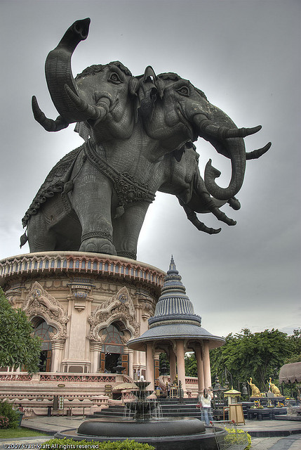 visitheworld:Giant elephants at the entrance to Erawan Museum in Bangkok, Thailand (by krashkraft). 