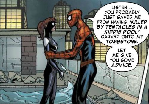 towritecomicsonherarms:fajrdrako:- From Amazing Spider-Man #648 by Dan Slott and Humberto Ramos.  No