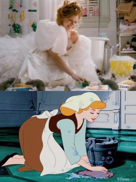 marlomakesmagic:  Not only did Enchanted reference and parody many of the classic Disney princess movies, the movie’s director, Kevin Lima, tried to mirror some iconic stills from those movies. He even included the famous Italian dinner scene from Lady