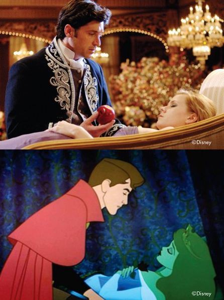 marlomakesmagic:  Not only did Enchanted reference and parody many of the classic Disney princess movies, the movie’s director, Kevin Lima, tried to mirror some iconic stills from those movies. He even included the famous Italian dinner scene from Lady