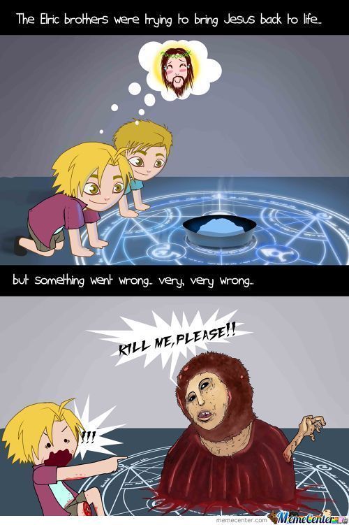 alasborricadas:  vivirsindormir:   Los hermanos Elric intentan resucitar a Jesucristo