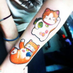 fuckyeahtattoos:  My cats as maneki neko, plus my tiger oscar fish &lt;3 ^__^ Done at 13 Ink, Liverpool, UK. 