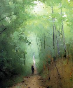 chasingtailfeathers:  Abbott Handerson Thayer   Landscape at Fontainebleau Forest, 1876 Private collection, Oil on artist’s board 