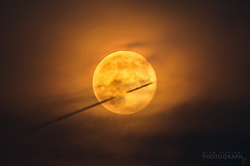 emrayfo:  An airplane passes in front of the rising moon low on the horizon on a