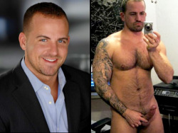 bluecollarboys:  mykindofhotmen: This guy shows how he can go from handsome and professional with a suit on, to sexy and rough in the buff with his sleeve of tattoos!  Hot, hot, hot!  Fuck daddy put on the suit so i can rip it off 