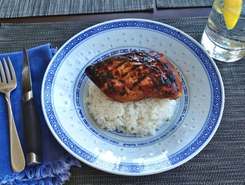 Minimalist lunch: grilled chicken breast on white rice.