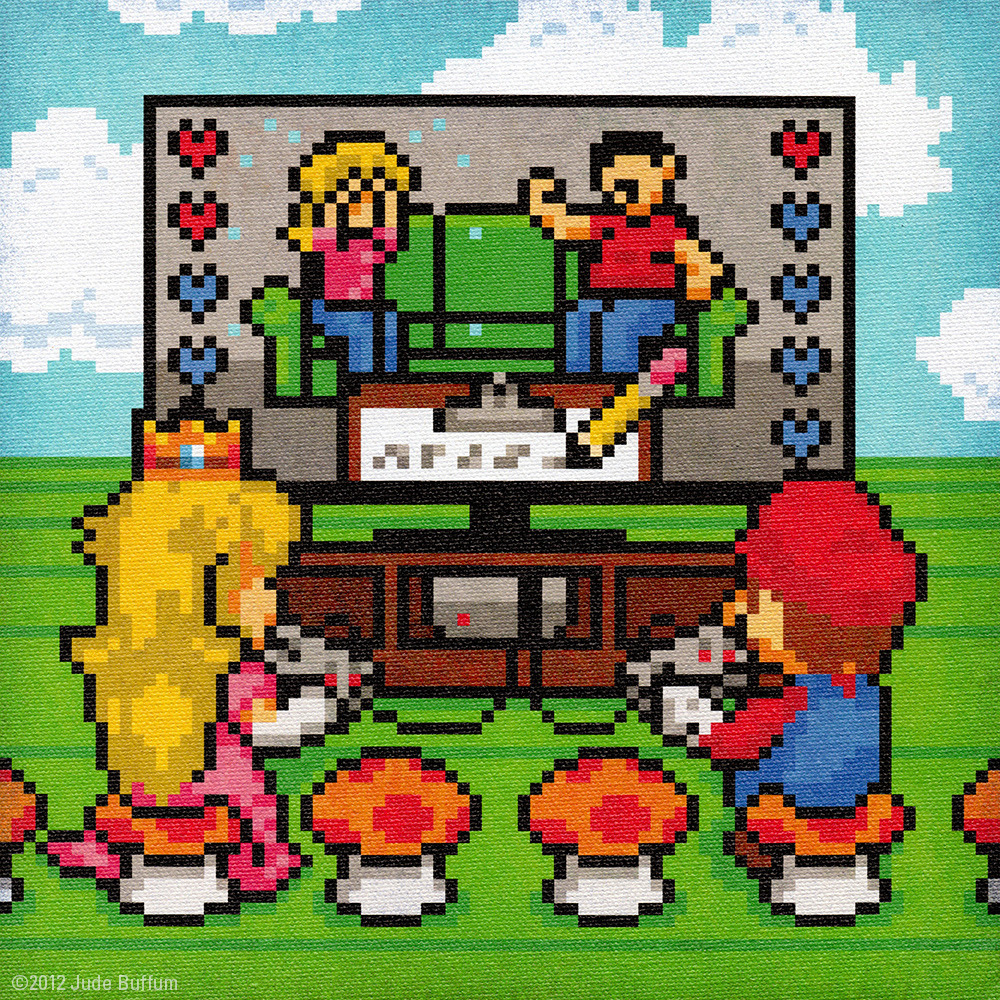 Artist Jude Buffum created a humorous piece showing Mario and Princess as they duke it out over an intense game of Couples Counseling. Jude displayed this painting at the Fangamer VERSUS Attractmode show in Seattle.
Related Rampages: Gaming / Film...