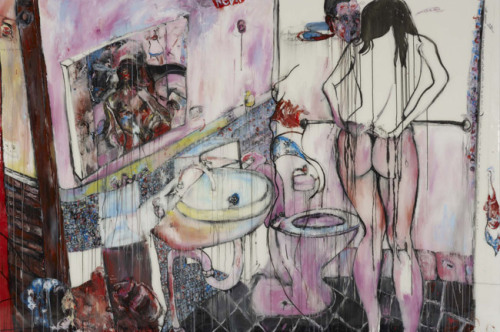 goldiesev:  ‘self-portrait in the bathroom discussing beauty, bukowski and brett whiteley with my ex, now a stripper, who likes to dress as wonder woman’ (2008) by Anthony Bennett 