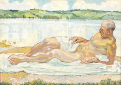 artqueer:  Eduard Stiefel (Swiss, 1875-1968): Herrenakt vor sommerlicher Seekulisse (Male nude against summery lake scenery), 1919. Oil on canvas, 61 x 86 cm. 