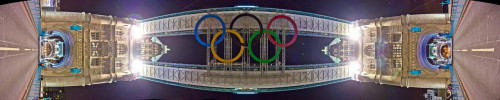 Panorama of the Olympic Rings on the Tower Bridge shortly before it’s taken down