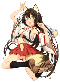 sokak:  1girl :o animal ears armpits bare shoulders bell black hair black legwear blush brown eyes chestnut mouth coin detached sleeves fox ears fox tail harunoibuki holding japanese clothes legs up long hair looking back midriff miko miniskirt money