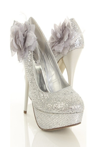 Silver Glitter Flower Accent Closed Toe Shimmer Heels