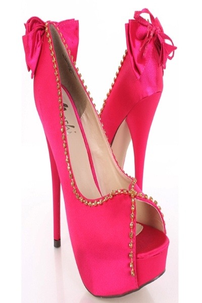 Fuchsia Satin Rhinestone Trim Peep Toe Back Bow Platform Hee