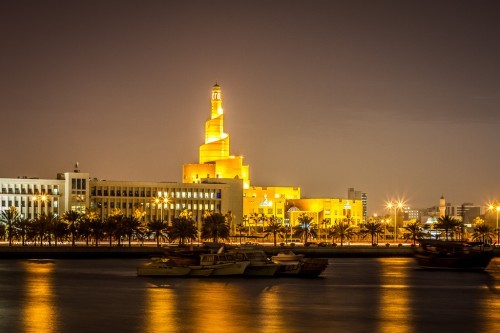 Lit Up Spiral Minaret of the Qatar Islamic Cultural Center in Doha, Qatar | IslamicArtDB