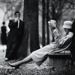 theniftyfifties:  Model on a park bench in Central Park, New York, 1957. Photo by Yale Joel.