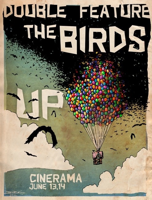 Double feature poster for The Birds and Up, by Derek Chatwood