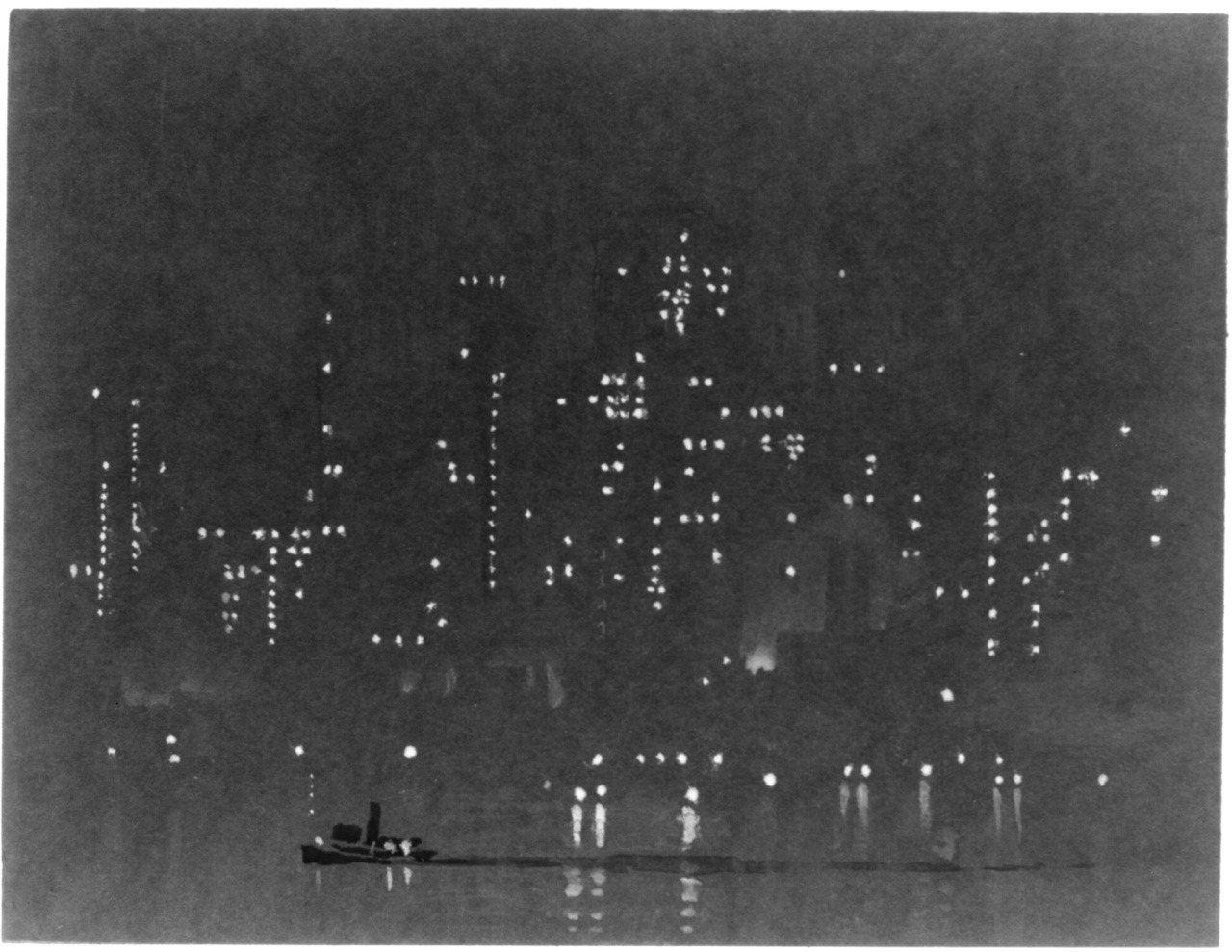 From the Library of Congress: Night lights of Manhattan; Night view past tug on river to series of dots forming the night lights of Manhattan, outline of buildings barely visible against dark background. Drawing on black paper. Artist: Pennell,...