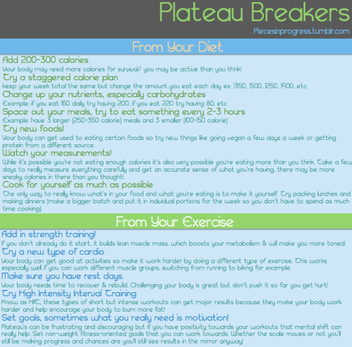 piecesinprogress:  Plateau Breakers! Getting past a plateau often comes down to giving your body a new challenge. They’re usually caused by your body getting too used to what you’re eating or too good at the exercise you’re doing so using these
