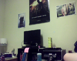 Oh, look! Part of my dorm room! Yes, I have two Batman movie posters. Yes, that is a Fight Club movie poster. Yes, that is Pinkie Pie next to my tv. And a Bat-signal is on my Blu-ray player.