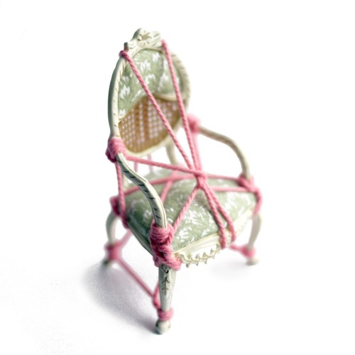 metalhearts:Victorian style miniature armchair tied up and harnessed in the ancient art of Japanese Shibari (rope bondage) by Kennedy James