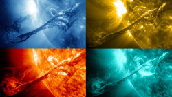 jtotheizzoe:  Massive Filament Eruption on Sun On August 31, 2012 the Sun unleashed a powerful coronal mass ejection, in which it released high-energy material from the corona into space at 900 miles per second. It was not aimed at Earth, luckily, but