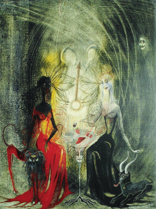 subspecie:Leonora Carrington - Brujas juegan al Cubilete [Witches play the cauldron]