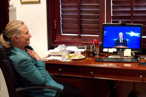 Look at Secretary of Clinton watching her hubby, Bill at the Democratic Convention last night. 