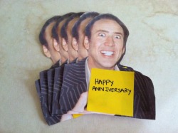 azestforlife:  ok sO IT WAS MY PARENT’S ANNIVERSARY AND I THOUGHT I WOULD SURPRISE THEM WITH NICOLAS CAGE THIS YEAR I JUST HID THEM AROUND THE HOUSE, I HOPE I FREAK THEM OUT 
