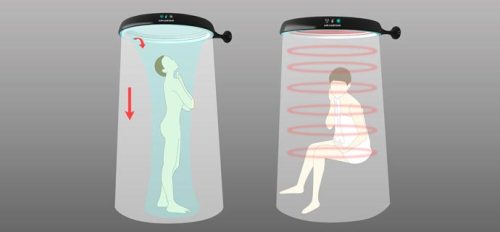 utilitarianthings:  “Air-curtain Shower Cabin is a shower unit where the water is contained by flowing air rather than traditional glass walls. The device blows air from an outer ring and releases water from an inner ring. The flow of air forms an