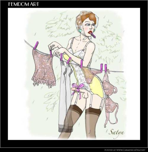 Porn Pics laundry sissy with clitty bow ~ art by satyn