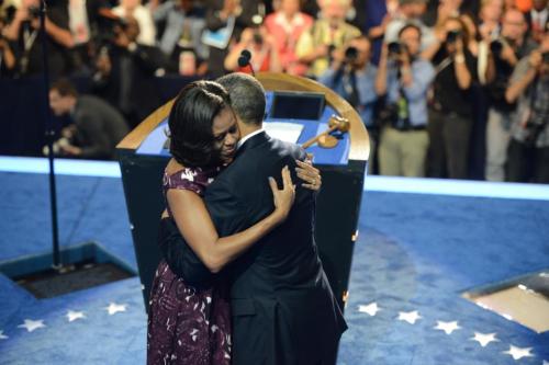 The first lady embraces her husband after introducing him.
Here are Obama’s prepared remarks.
Photo by Jonathan Newton (The Washington Post)