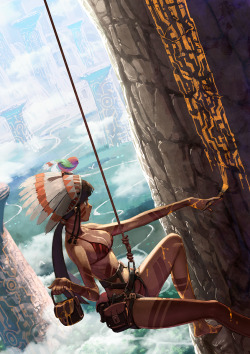 1girl bare legs bare shoulders barefoot bikini bird braid breasts brown hair cleavage climbing cloud dark skin harness headdress highres long hair original paint paintbrush painting ponytail pouch red bikini side braid solo swimsuit tatsuwo tattoo