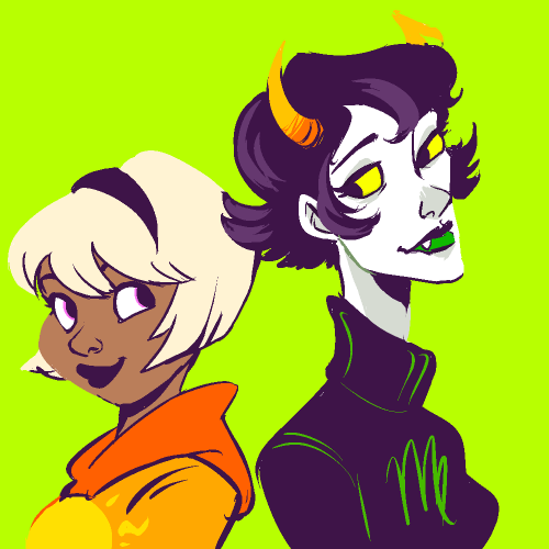 [Description: Rose and Kanaya, back to back, in a brightly rendered illustration. They&rsquo;re tilt