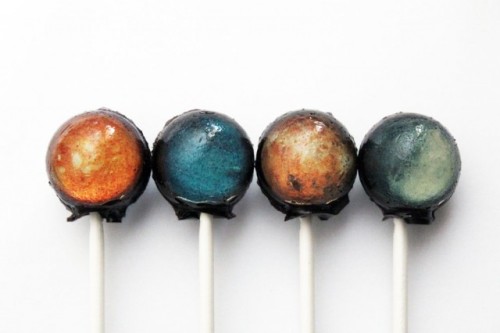 the-iridescence:  How many licks does it take to get to the center of the solar system? Etsy seller Vintage Confections has the answer with their fun set of eight lollipops containing edible images of the planets