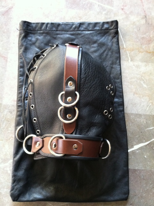 Custom leather bondage hood by Christopher Leathers.  2012.